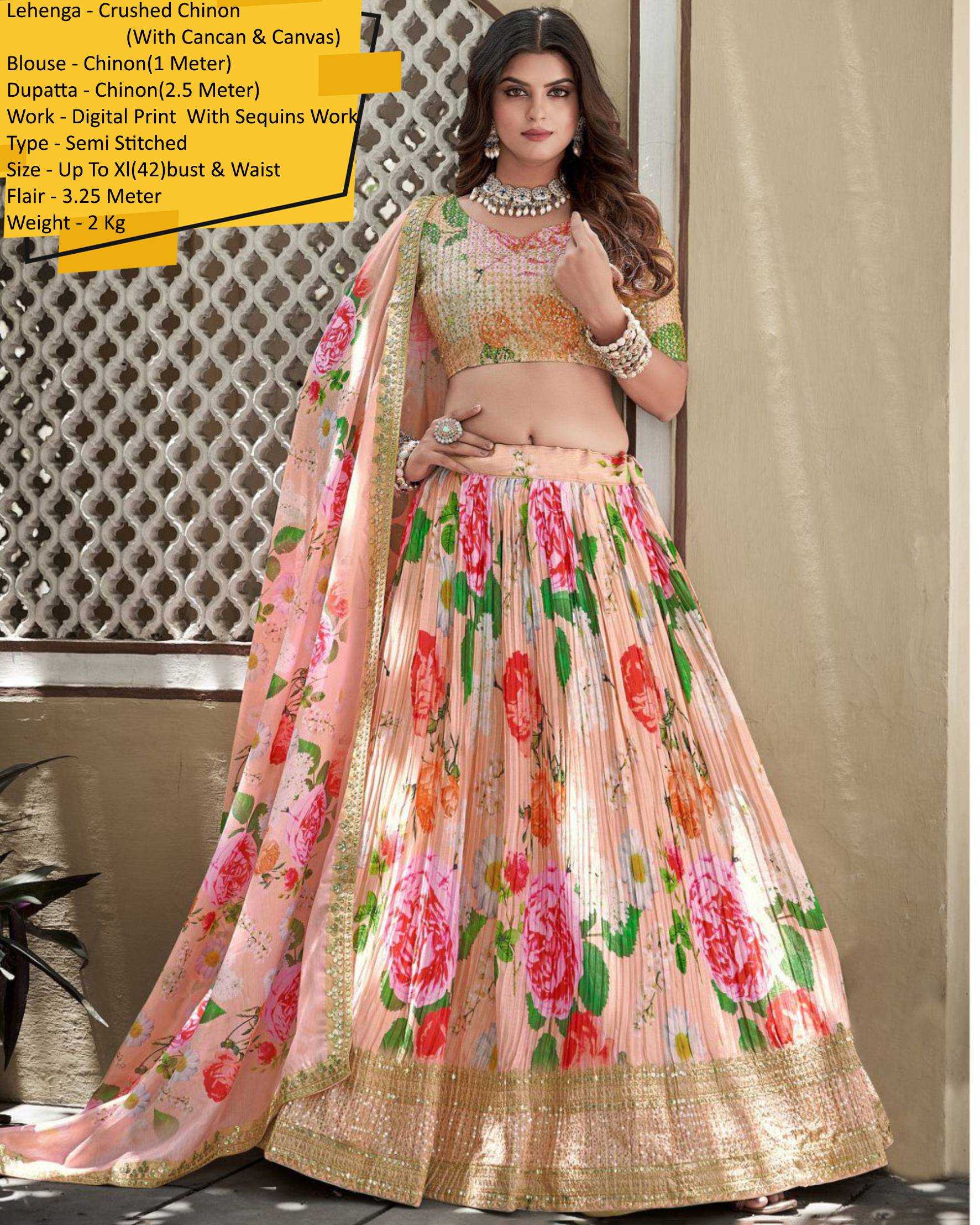 Our Semi Stitched Lehenga In Crush Chinon With Digital Printed With Seqins Embroidery Work With Chinon Dupatta. Embrace Elegance And Make A Statement