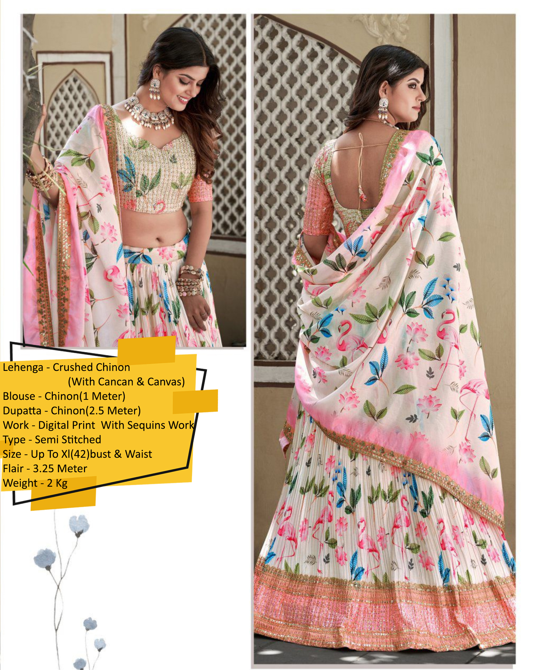 Our Semi Stitched Lehenga In Crush Chinon With Digital Printed With Seqins Embroidery Work With Chinon Dupatta. Embrace Elegance And Make A Statement