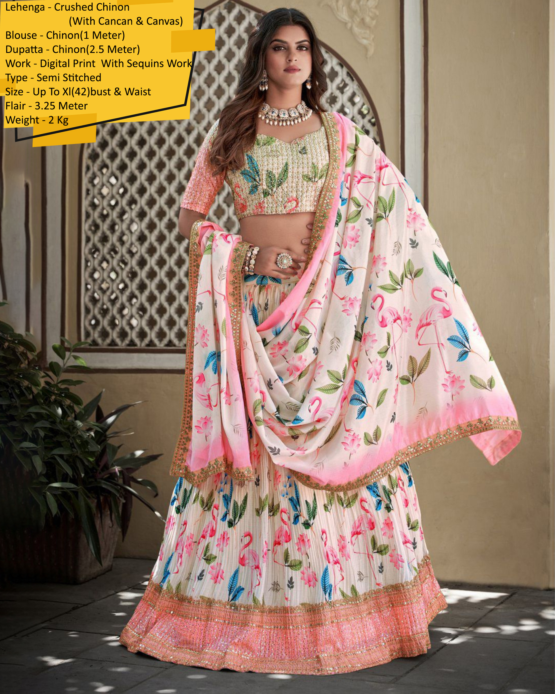 Our Semi Stitched Lehenga In Crush Chinon With Digital Printed With Seqins Embroidery Work With Chinon Dupatta. Embrace Elegance And Make A Statement