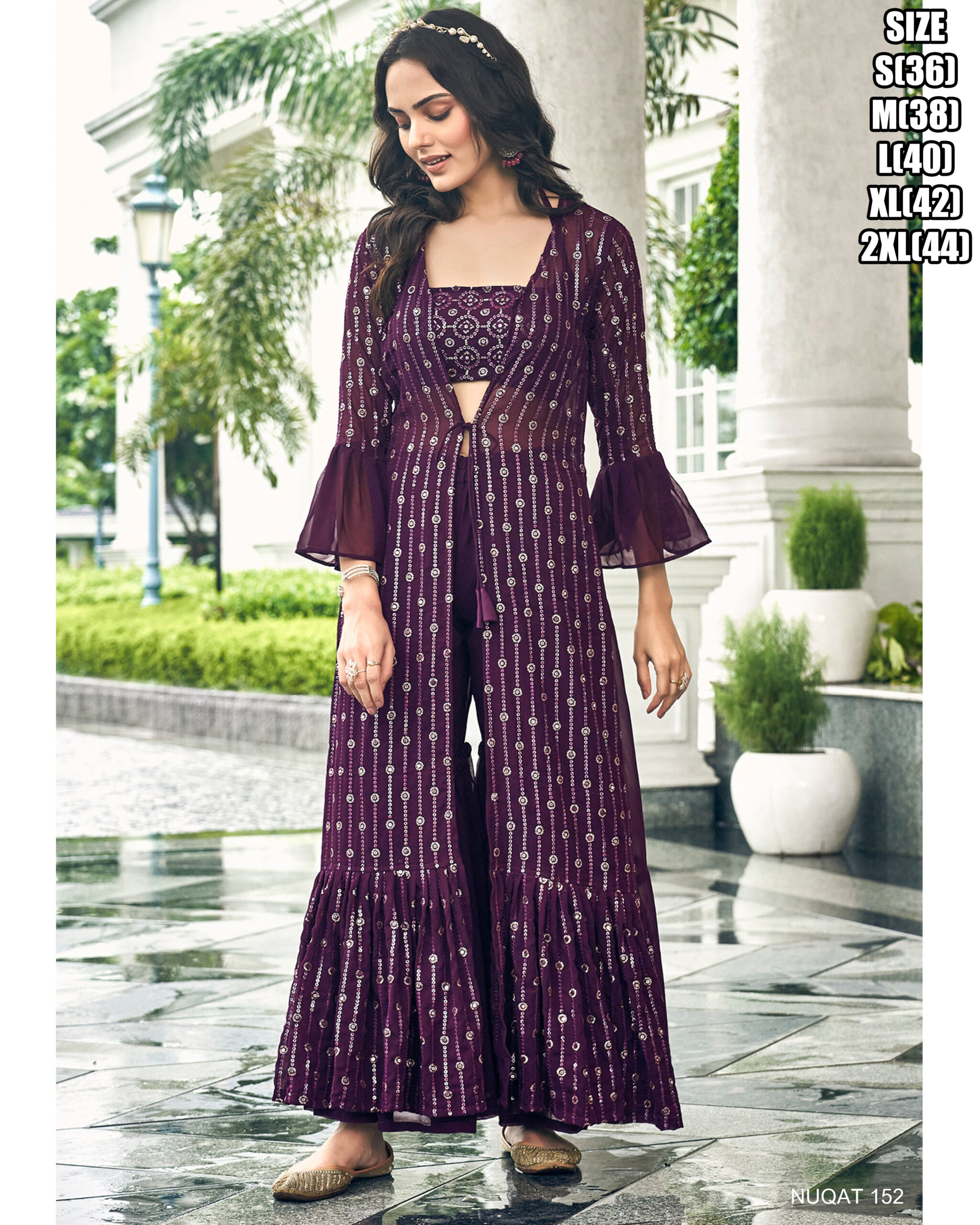 Party Wear Designer Faux Georgette Stitched Jacket With Blouse & Sharara