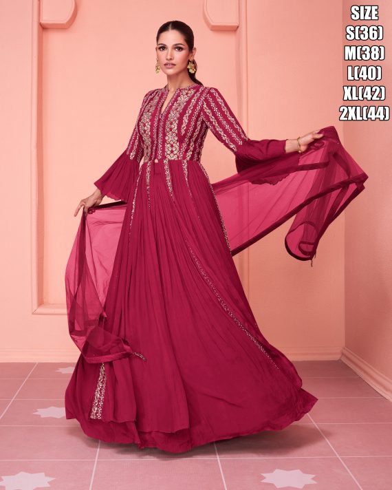 Ethnicrang Women's Real Georgette Embroidery Stitched Long Gown With Dupatta