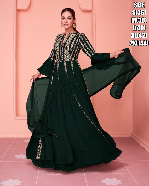 Ethnicrang Women's Real Georgette Embroidery Stitched Long Gown With Dupatta