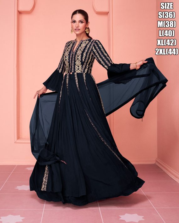 Ethnicrang Women's Real Georgette Embroidery Stitched Long Gown With Dupatta