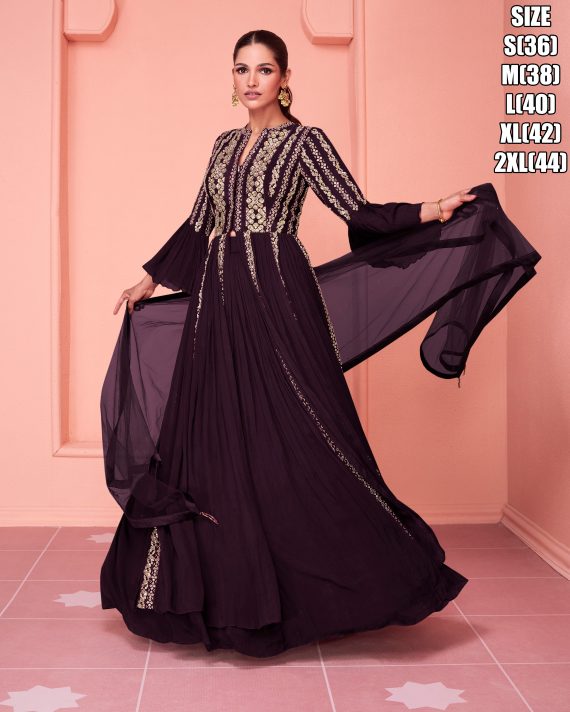 Ethnicrang Women's Real Georgette Embroidery Stitched Long Gown With Dupatta