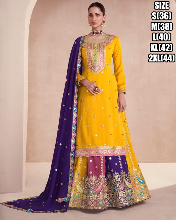 Eid Elegance Stitched Hevey Chinon Salwar, Dupatta, And Skirt With Elegant Embroidery Elevate Your Festive Collection