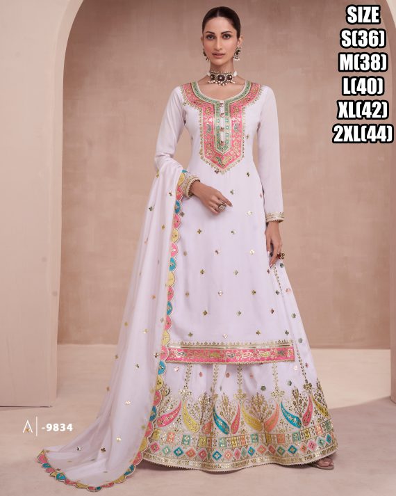 Eid Elegance Stitched Hevey Chinon Salwar, Dupatta, And Skirt With Elegant Embroidery Elevate Your Festive Collection