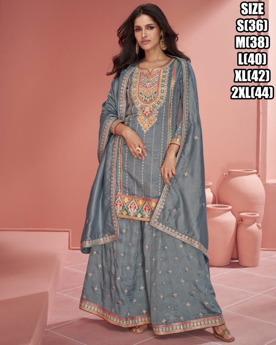 Discover the Latest Trends in Partywear Organza Simar Silk Embroidery Stitched Top Plazzo with Dupatta