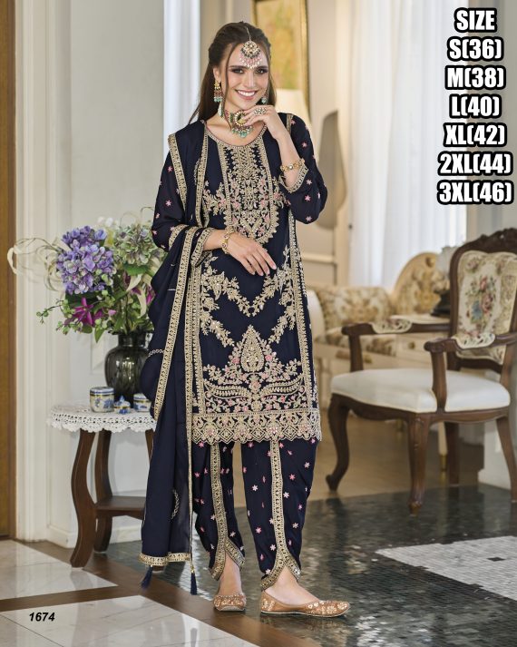 Heavy Chinon Trio Salwar, Dupatta And Dhoti With Elegant Embroidery Expertly Stitched Ensemble