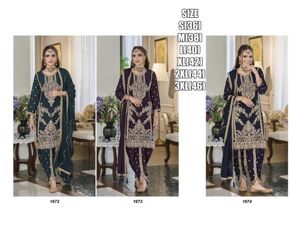 Heavy Chinon Trio Salwar, Dupatta And Dhoti With Elegant Embroidery Expertly Stitched Ensemble