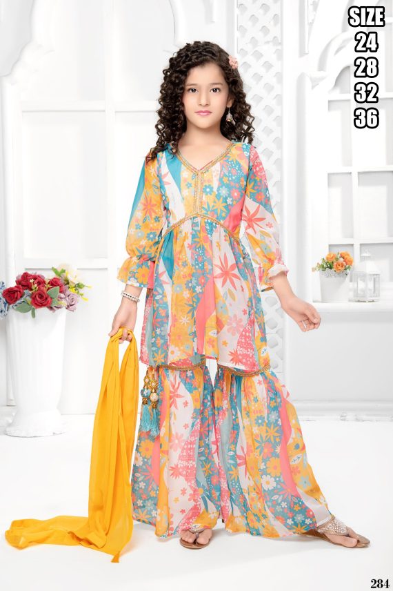 Ethnicrang Kids Wear Georgette Embroidery Colorful Stitched Sharara Set