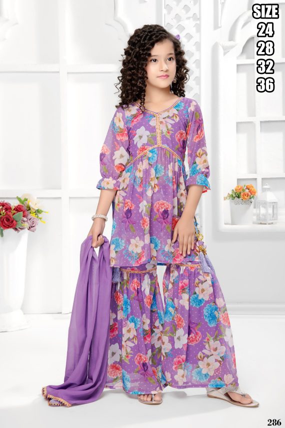 Ethnicrang Kids Wear Georgette Embroidery Colorful Stitched Sharara Set