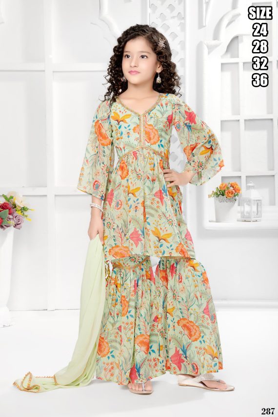 Ethnicrang Kids Wear Georgette Embroidery Colorful Stitched Sharara Set