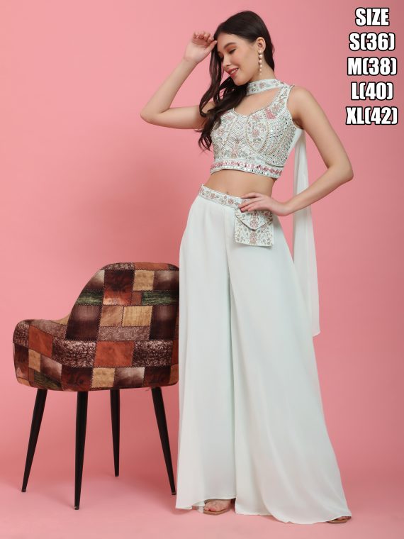 Women's Pure Georgette Embroidery Stitched Crop Top Lehenga With Purse