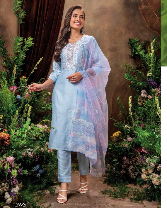 Embrace Elegance and Tradition with a Viscose Nylon Embroidery Stitched Partywear Kurti, Pant With Dupatta