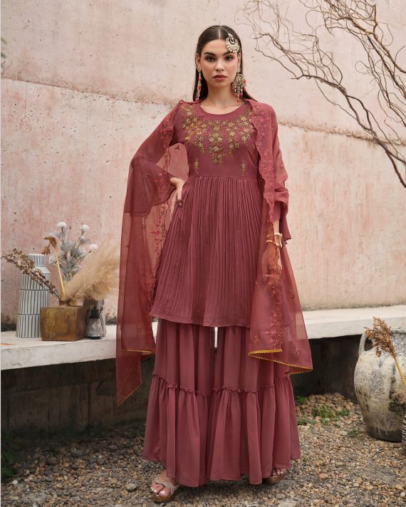 Handcrafted Elegance Georgette Kurti, Gharara, And Cutwork Organza Dupatta Flawlessly Stitched Ensemble Awaits Your Style