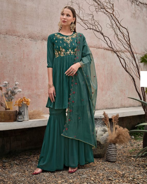 Handcrafted Elegance Georgette Kurti, Gharara, And Cutwork Organza Dupatta Flawlessly Stitched Ensemble Awaits Your Style