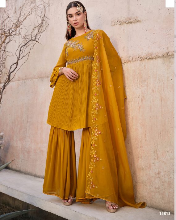 Handcrafted Elegance Georgette Kurti, Gharara, And Cutwork Organza Dupatta Flawlessly Stitched Ensemble Awaits Your Style