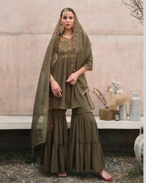 Handcrafted Elegance Georgette Kurti, Gharara, And Cutwork Organza Dupatta Flawlessly Stitched Ensemble Awaits Your Style