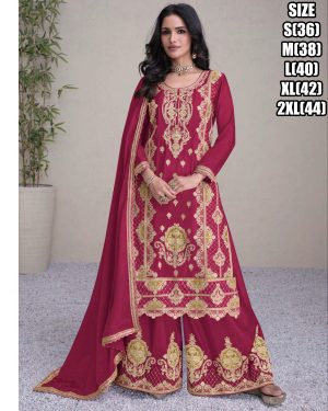 Complete Your Festive Look with a Premium Chinon Embroidery Stitched Partywear Top Plazzoo with Dupatta