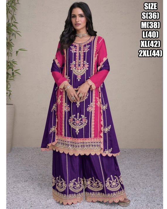 Complete Your Festive Look with a Premium Chinon Embroidery Stitched Partywear Top Plazzoo with Dupatta