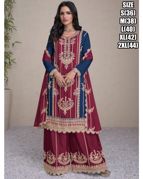 Complete Your Festive Look with a Premium Chinon Embroidery Stitched Partywear Top Plazzoo with Dupatta