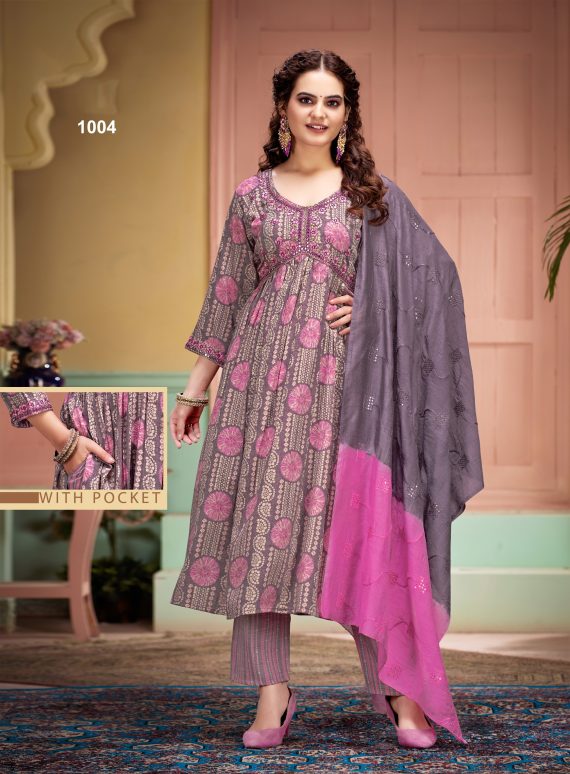 Foil Print Kurti Aliya Cut With Embroidery Ryon Capsule Pent & Fancy Dupatta Ready-to-wear Chic
