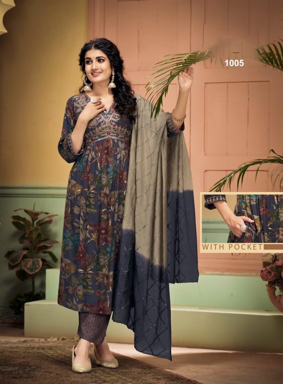 Foil Print Kurti Aliya Cut With Embroidery Ryon Capsule Pent & Fancy Dupatta Ready-to-wear Chic