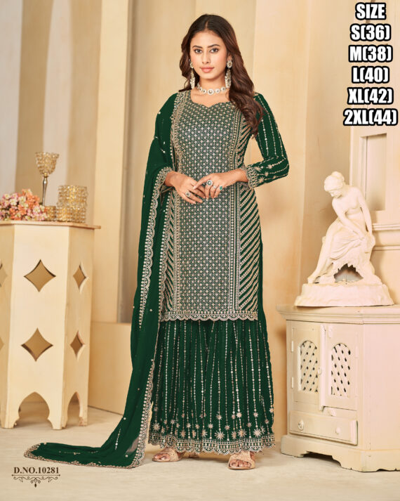 Ethnicrang Women's Faux Georgette Stitched Embroidered Kurta With Sharara With Dupatta