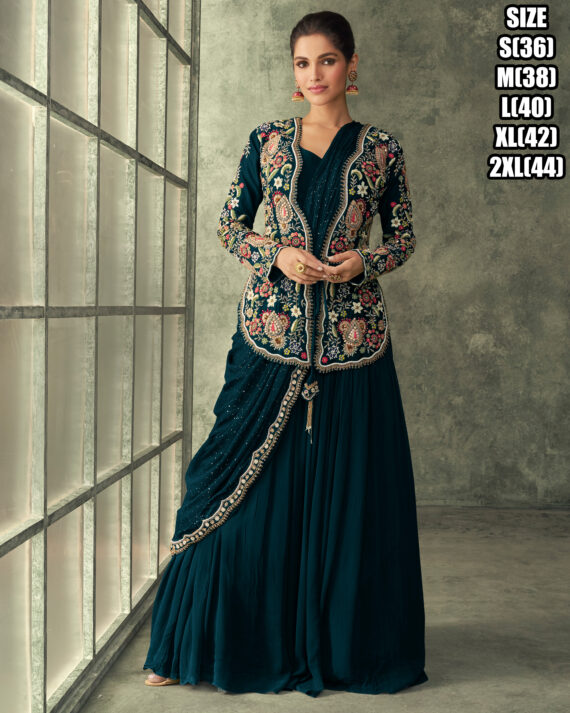 Women's Real Georgette Embrodiery Gown With Drape Dupatta Draped Gown Dress Drape Designer Dresses Designer Drape Gowns Drape Gown With Jacket Drape Indo Western Dress Latest Drape Dresses