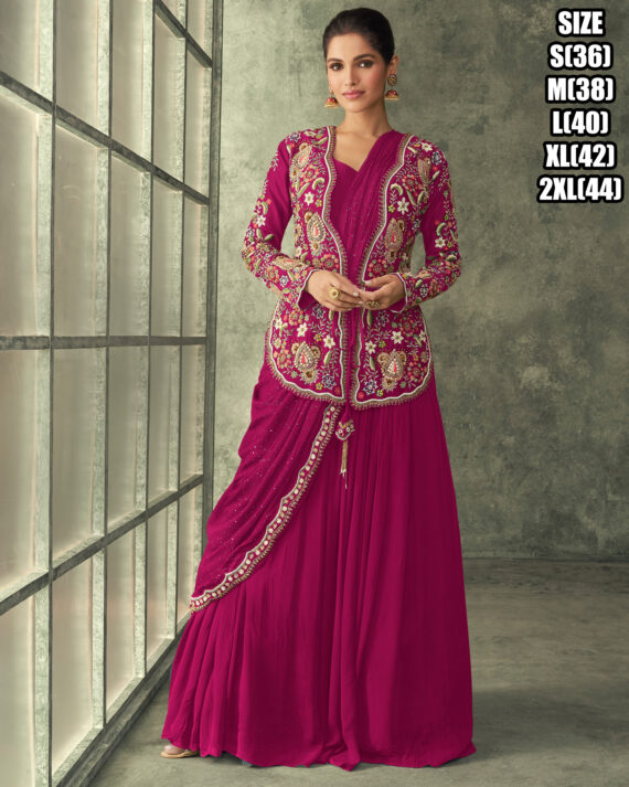 Women's Real Georgette Embrodiery Gown With Drape Dupatta Draped Gown Dress Drape Designer Dresses Designer Drape Gowns Drape Gown With Jacket Drape Indo Western Dress Latest Drape Dresses