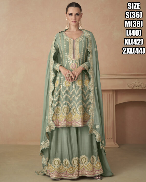 Ethnicrang Women's Premium Chinon Stitched Embroidered Kurta With Sharara With Dupatta