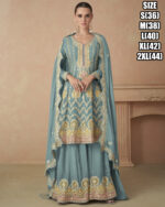 Ethnicrang Women's Premium Chinon Stitched Embroidered Kurta With Sharara With Dupatta