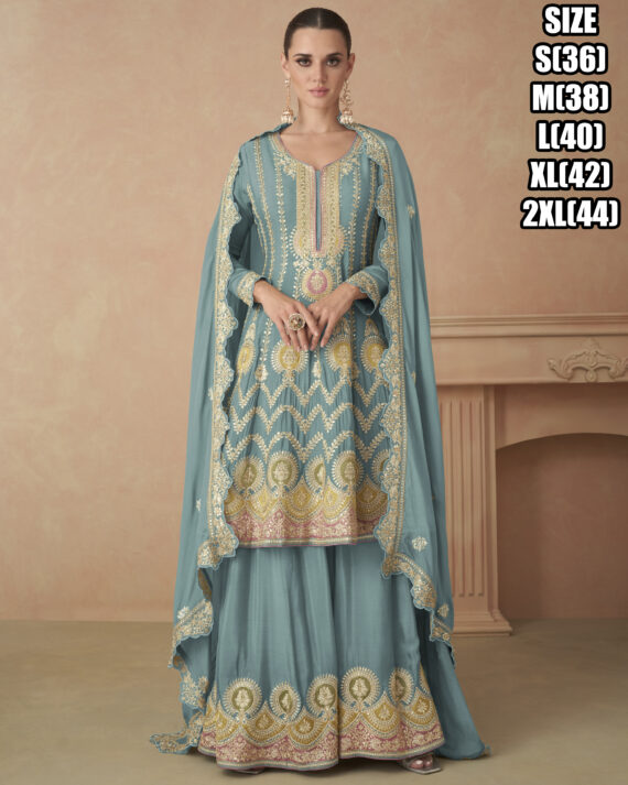 Ethnicrang Women's Premium Chinon Stitched Embroidered Kurta With Sharara With Dupatta