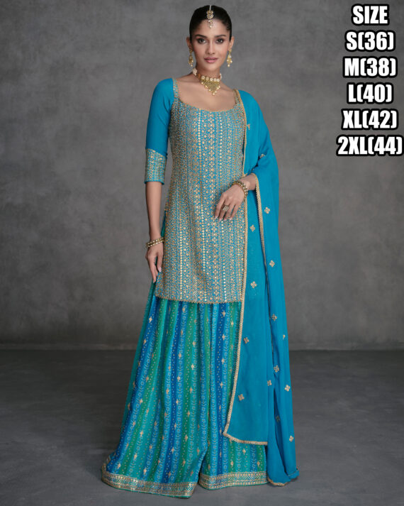 Ethnicrang Women's Real Georgette Stitched Embroidered Kurta With Sharara With Dupatta