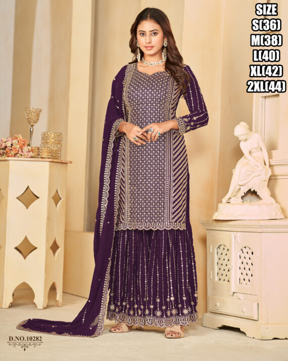 Ethnicrang Women's Faux Georgette Stitched Embroidered Kurta With Sharara With Dupatta