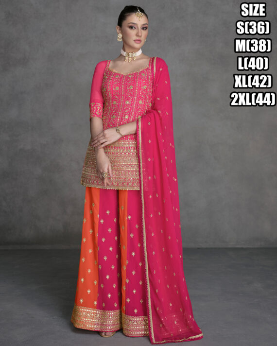 Ethnicrang Women's Real Georgette Stitched Embroidered Kurta With Sharara With Dupatta