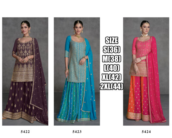 Ethnicrang Women's Real Georgette Stitched Embroidered Kurta With Sharara With Dupatta