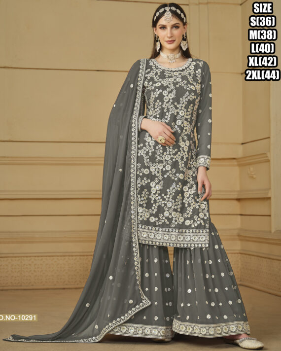 Ethnicrang Women's Faux Georgette Stitched Embroidered Kurta With Sharara With Dupatta