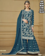 Ethnicrang Women's Faux Georgette Stitched Embroidered Kurta With Sharara With Dupatta