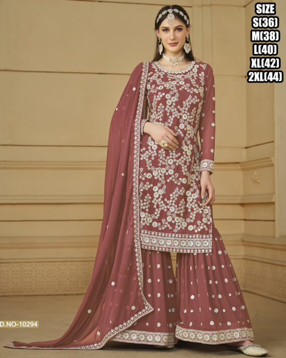 Ethnicrang Women's Faux Georgette Stitched Embroidered Kurta With Sharara With Dupatta