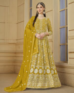 Ethnicrang Women's Faux Georgette Semi Stitched Gown With Bottom And Dupatta