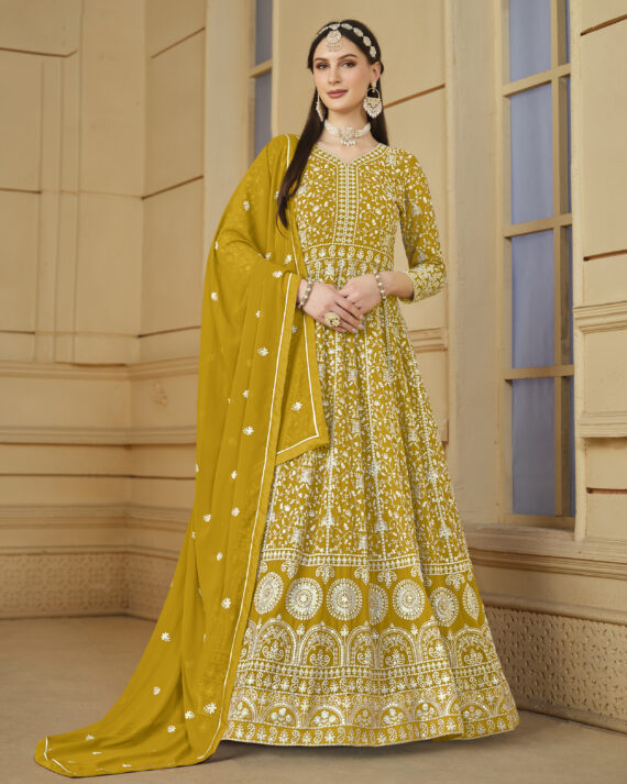 Ethnicrang Women's Faux Georgette Semi Stitched Gown With Bottom And Dupatta