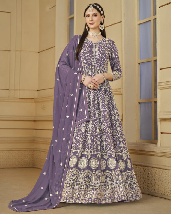 Ethnicrang Women's Faux Georgette Semi Stitched Gown With Bottom And Dupatta