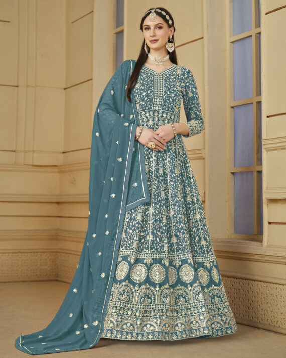 Ethnicrang Women's Faux Georgette Semi Stitched Gown With Bottom And Dupatta