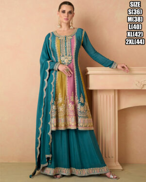 Ethnicrang Women's Real Chinon Stitched Embroidered Kurta With Sharara With Dupatta