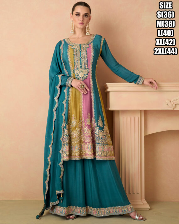 Ethnicrang Women's Real Chinon Stitched Embroidered Kurta With Sharara With Dupatta