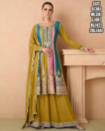 Ethnicrang Women's Real Chinon Stitched Embroidered Kurta With Sharara With Dupatta