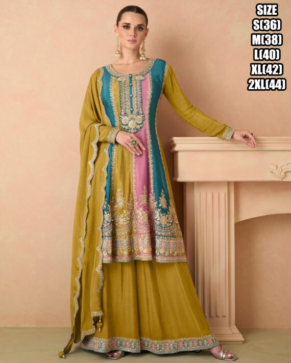 Ethnicrang Women's Real Chinon Stitched Embroidered Kurta With Sharara With Dupatta