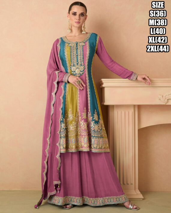 Ethnicrang Women's Real Chinon Stitched Embroidered Kurta With Sharara With Dupatta