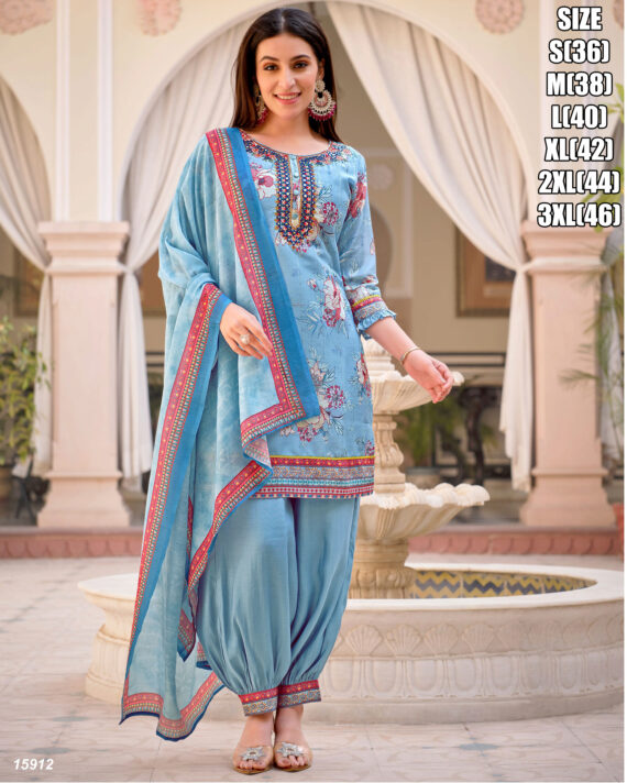 Ethnicrang Women's Afghani Style Muslin Silk Kurti Pant Dupatta Set